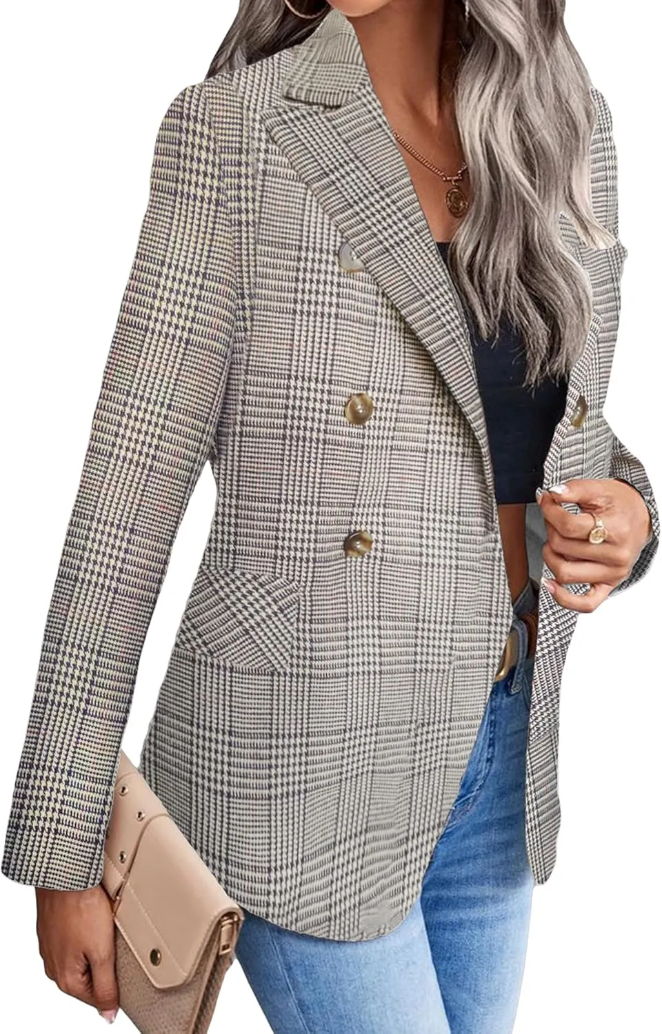 2025 Women's Spring Tweed Blazer Jacket Plaid Fully-Lined Fashion Business Casual Lapel Elegant Coat with Pockets