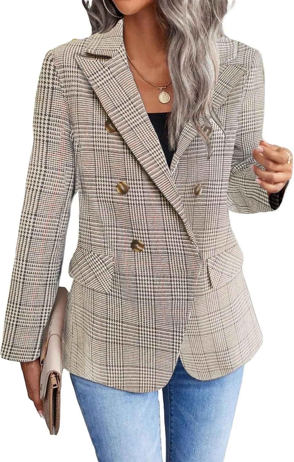 2025 Women's Spring Tweed Blazer Jacket Plaid Fully-Lined Fashion Business Casual Lapel Elegant Coat with Pockets