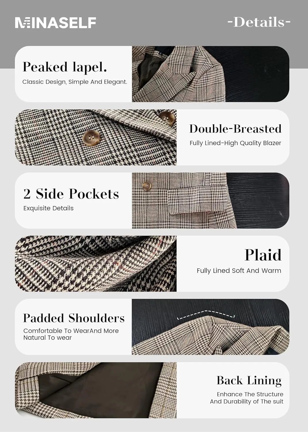 2025 Women's Spring Tweed Blazer Jacket Plaid Fully-Lined Fashion Business Casual Lapel Elegant Coat with Pockets