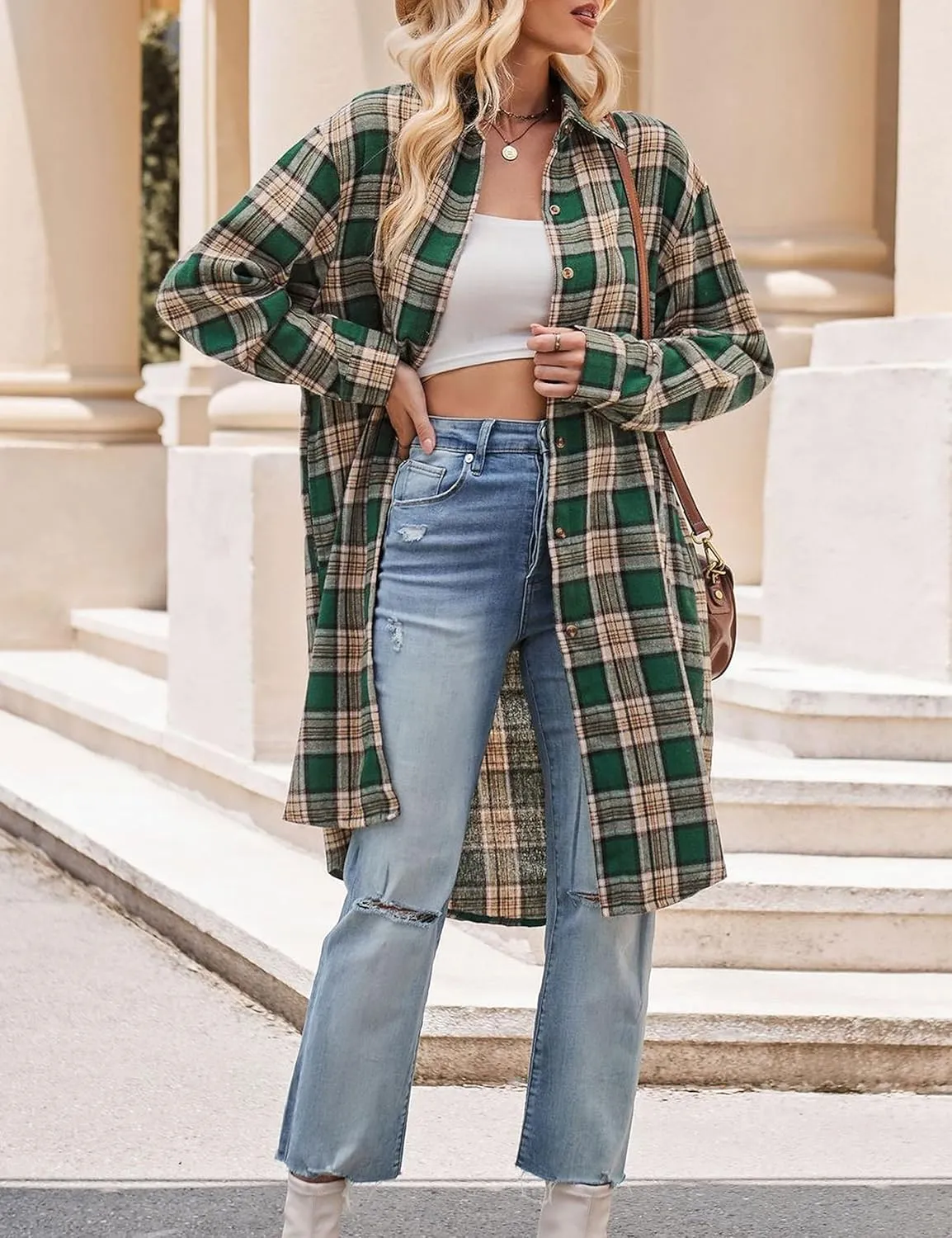 Bozanly Oversized Mid Long Plaid Flannel Shirts for Women Lapel Long Sleeve Check Blouse with Pockets