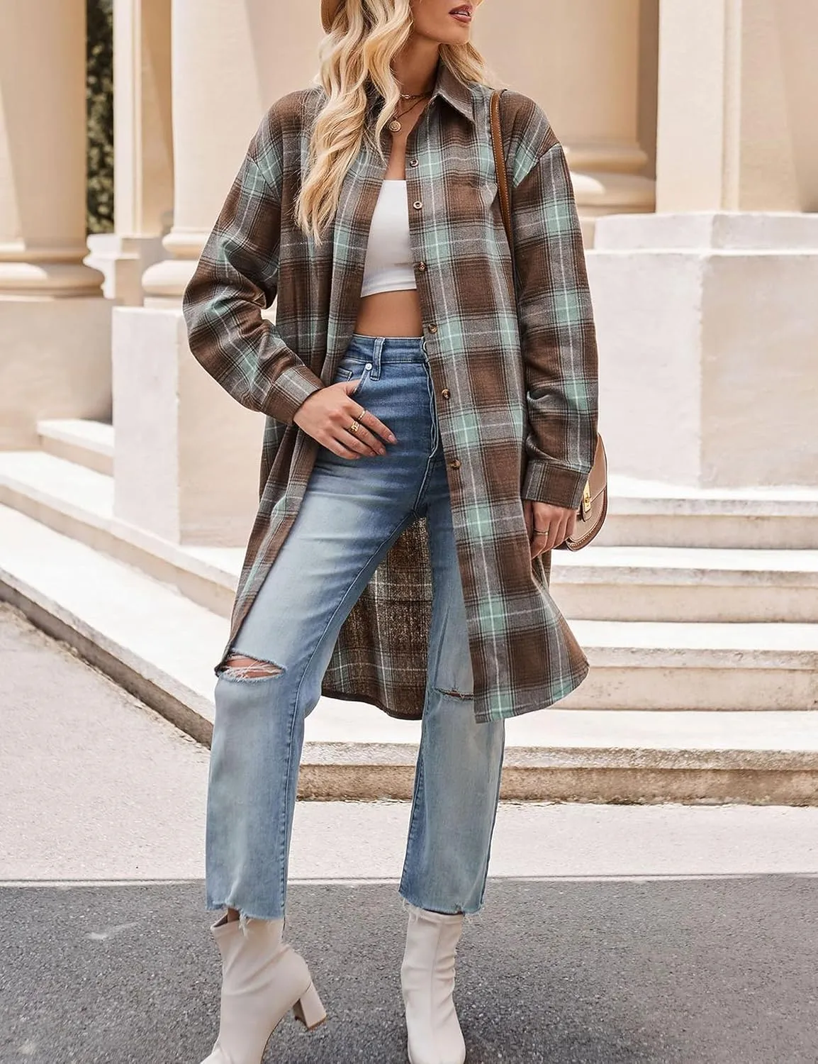 Bozanly Oversized Mid Long Plaid Flannel Shirts for Women Lapel Long Sleeve Check Blouse with Pockets