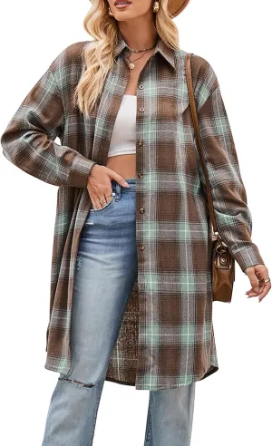 Bozanly Oversized Mid Long Plaid Flannel Shirts for Women Lapel Long Sleeve Check Blouse with Pockets
