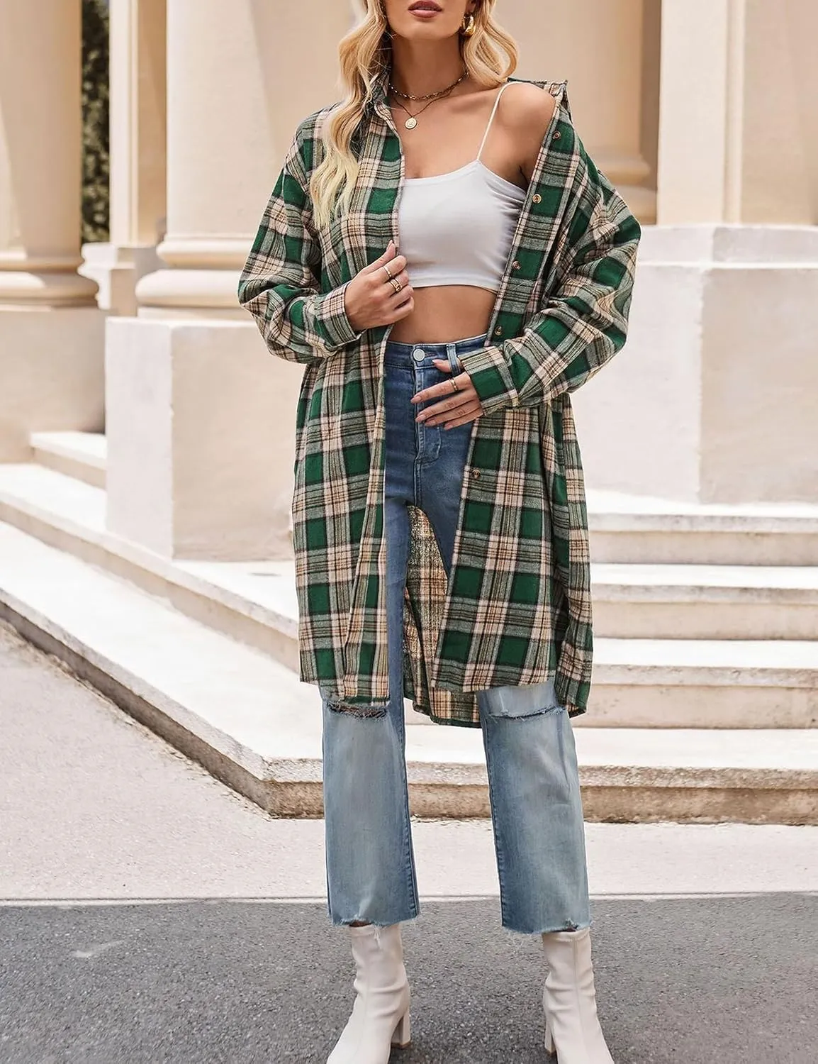 Bozanly Oversized Mid Long Plaid Flannel Shirts for Women Lapel Long Sleeve Check Blouse with Pockets