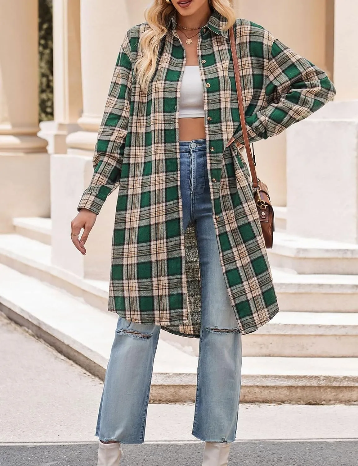 Bozanly Oversized Mid Long Plaid Flannel Shirts for Women Lapel Long Sleeve Check Blouse with Pockets
