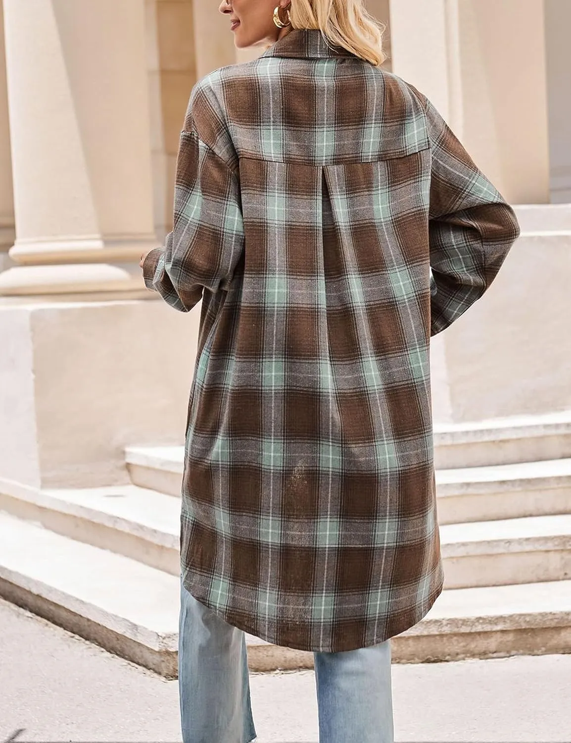 Bozanly Oversized Mid Long Plaid Flannel Shirts for Women Lapel Long Sleeve Check Blouse with Pockets