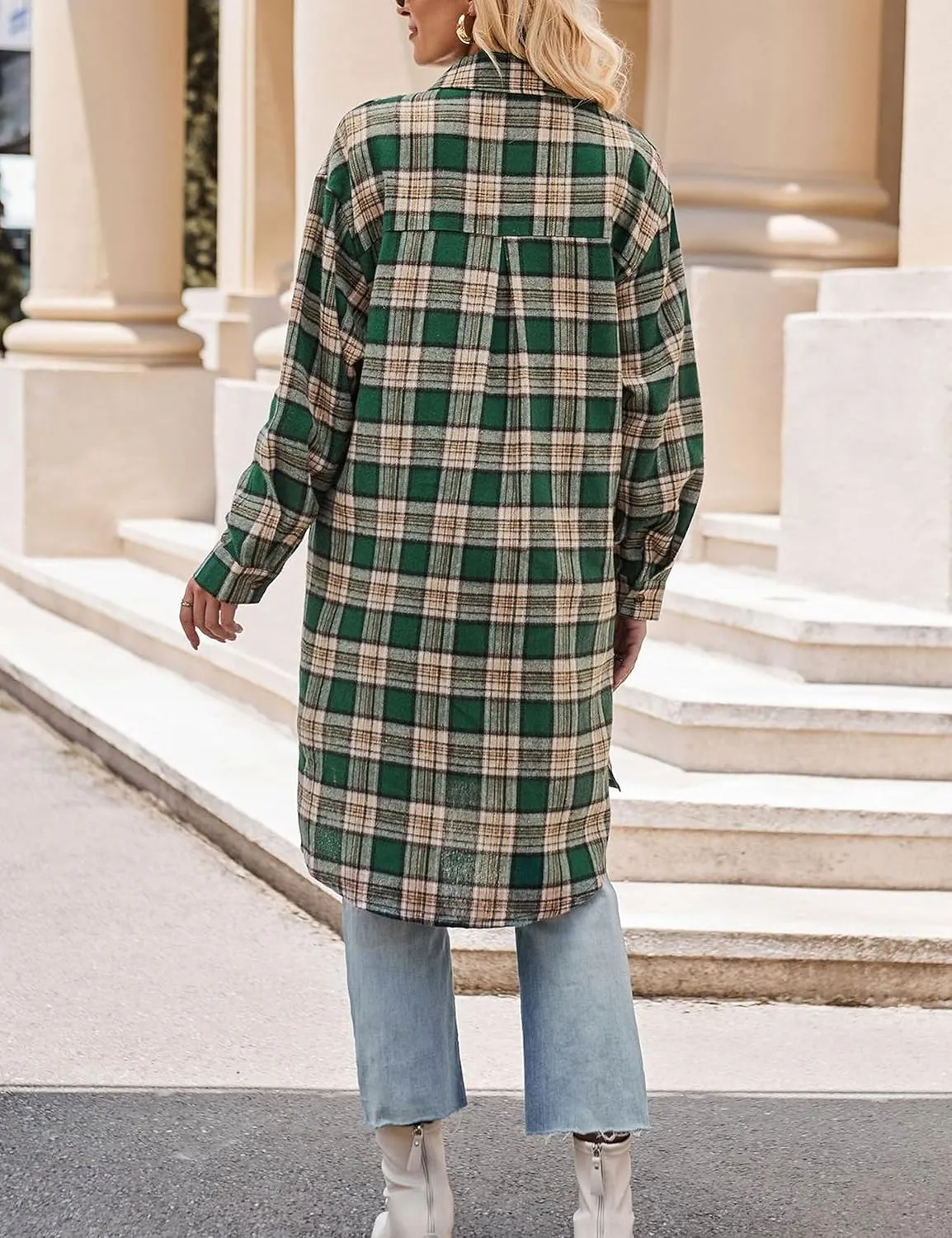 Bozanly Oversized Mid Long Plaid Flannel Shirts for Women Lapel Long Sleeve Check Blouse with Pockets