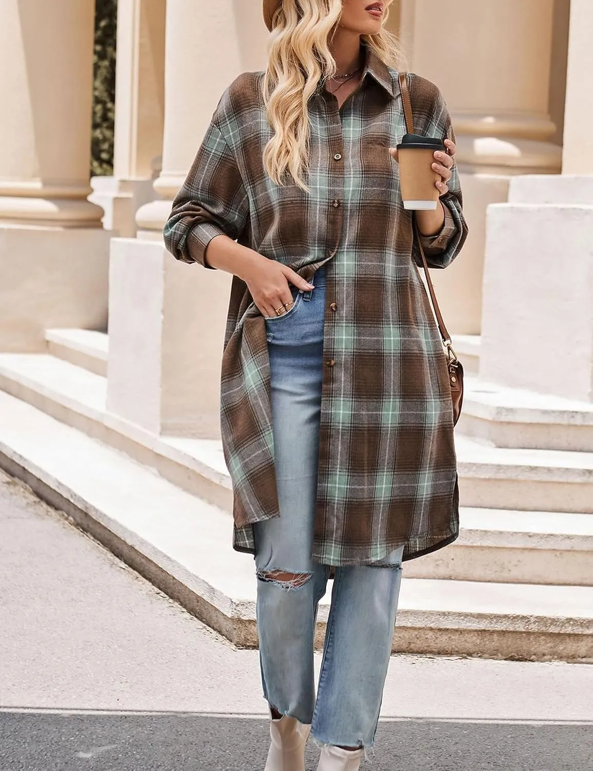 Bozanly Oversized Mid Long Plaid Flannel Shirts for Women Lapel Long Sleeve Check Blouse with Pockets