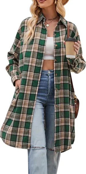 Bozanly Oversized Mid Long Plaid Flannel Shirts for Women Lapel Long Sleeve Check Blouse with Pockets