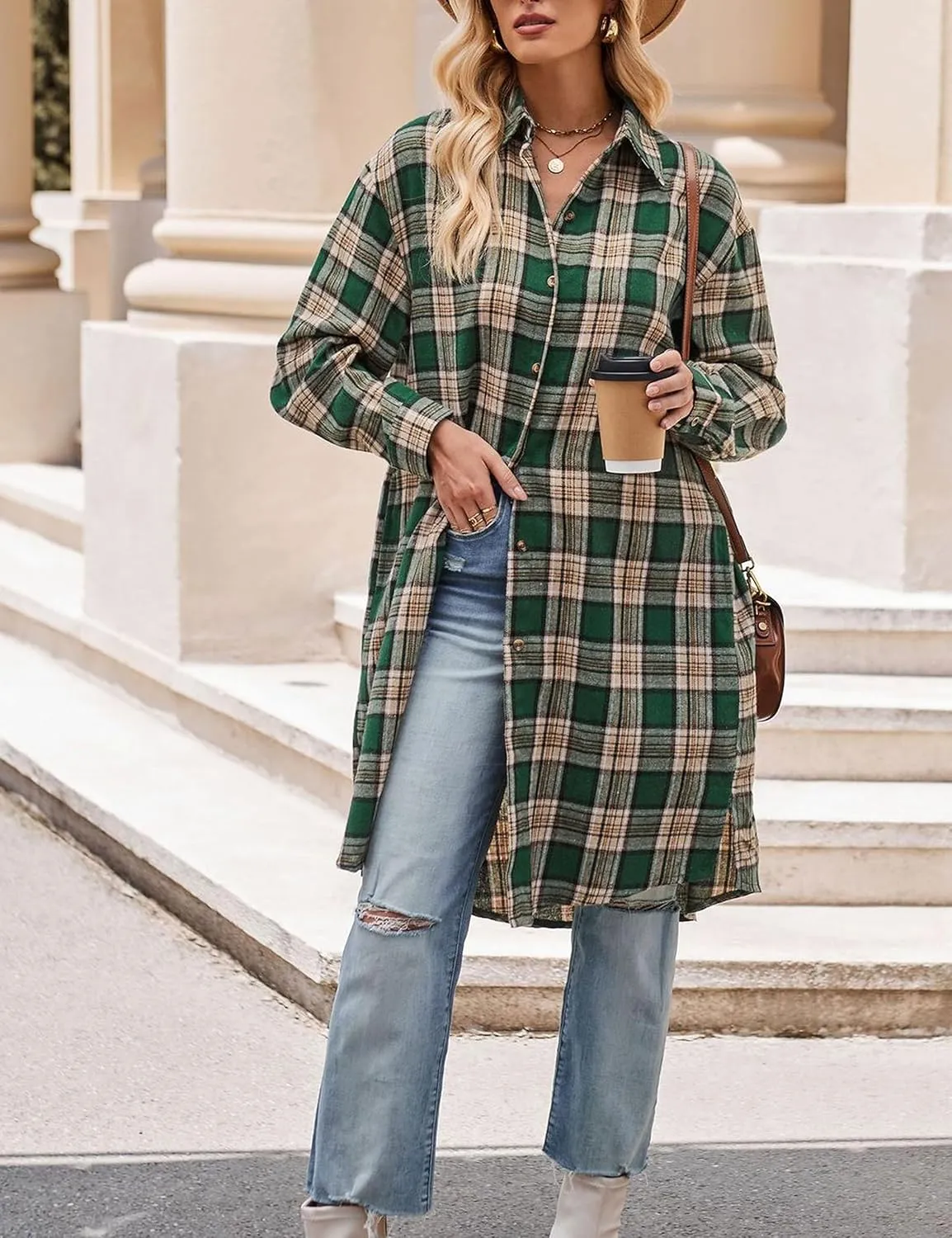 Bozanly Oversized Mid Long Plaid Flannel Shirts for Women Lapel Long Sleeve Check Blouse with Pockets