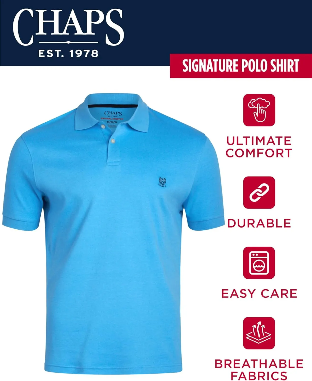 Chaps Men's Polo Shirt - Classic Fit Short Sleeve 2-Button Double Knit Cotton Polo Shirt (S-XL)