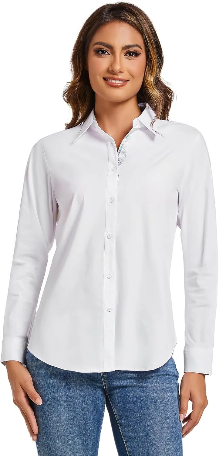 Esabel.C Womens Dress Shirts Cotton Long Sleeve Regular Fit Stretch Button Down Blouse