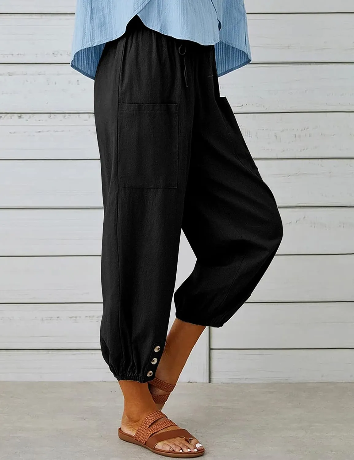 HangNiFang Cotton Linen Capri Pants for Women High Elastic Waisted Drawstring Cropped Pants with Pockets
