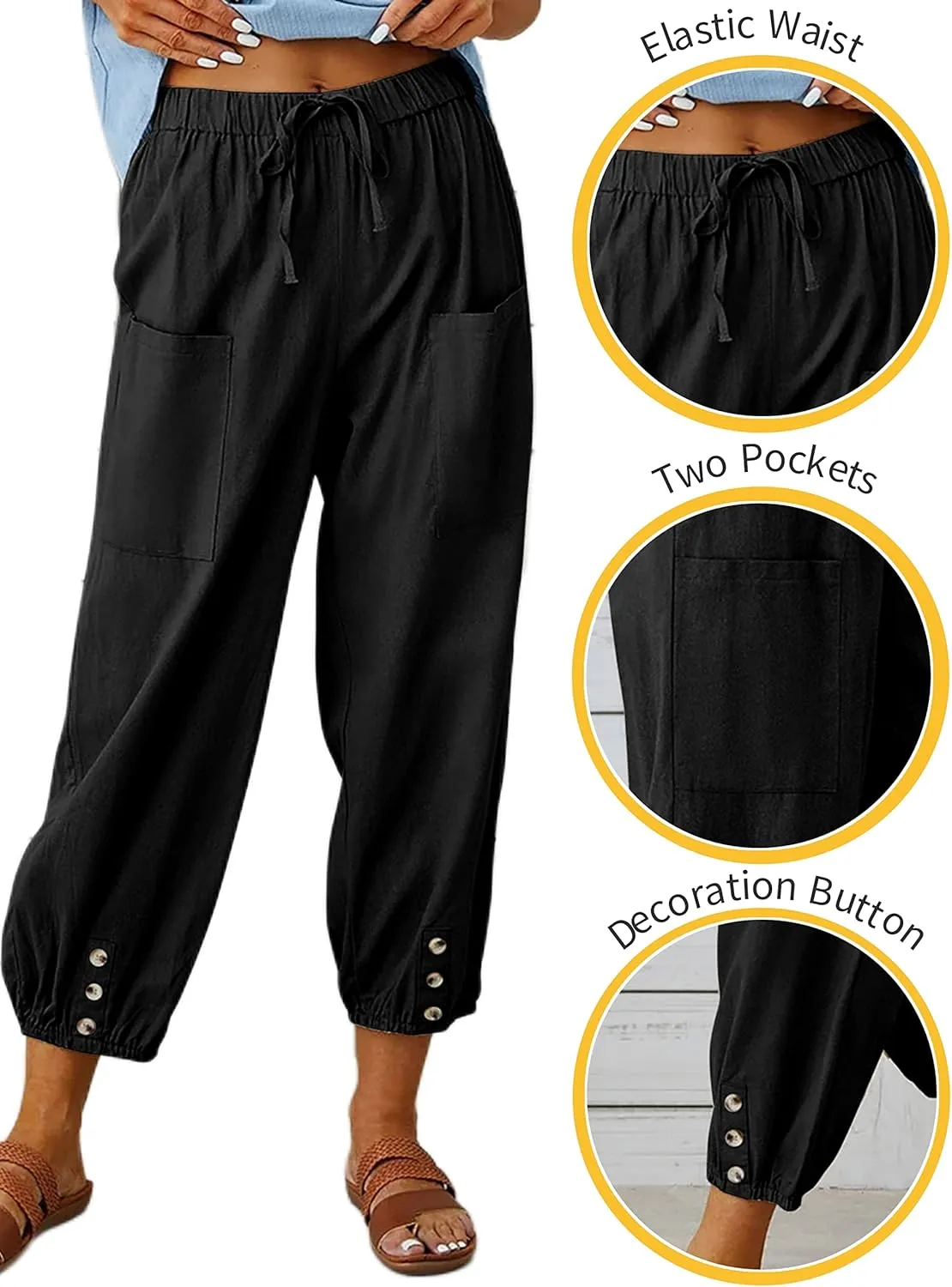 HangNiFang Cotton Linen Capri Pants for Women High Elastic Waisted Drawstring Cropped Pants with Pockets