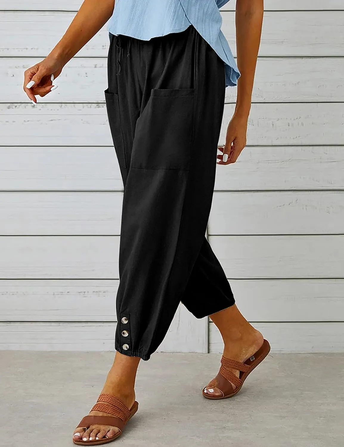 HangNiFang Cotton Linen Capri Pants for Women High Elastic Waisted Drawstring Cropped Pants with Pockets