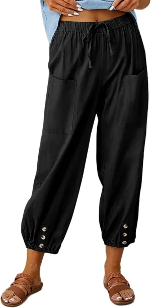 HangNiFang Cotton Linen Capri Pants for Women High Elastic Waisted Drawstring Cropped Pants with Pockets