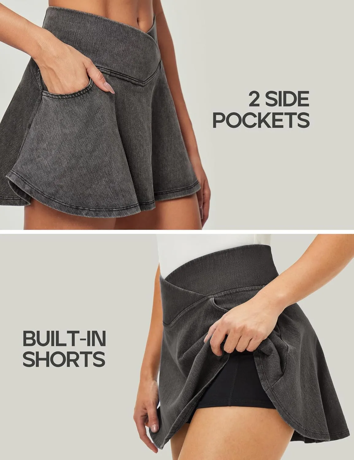 IUGA Stretchy Denim Skort V-Waist Jean Skort with Pockets High Waisted Mini Jean Skirt with Shorts Underneath