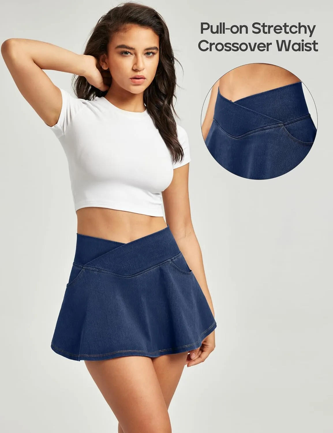 IUGA Stretchy Denim Skort V-Waist Jean Skort with Pockets High Waisted Mini Jean Skirt with Shorts Underneath