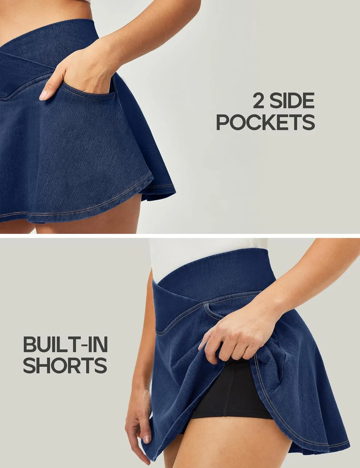 IUGA Stretchy Denim Skort V-Waist Jean Skort with Pockets High Waisted Mini Jean Skirt with Shorts Underneath