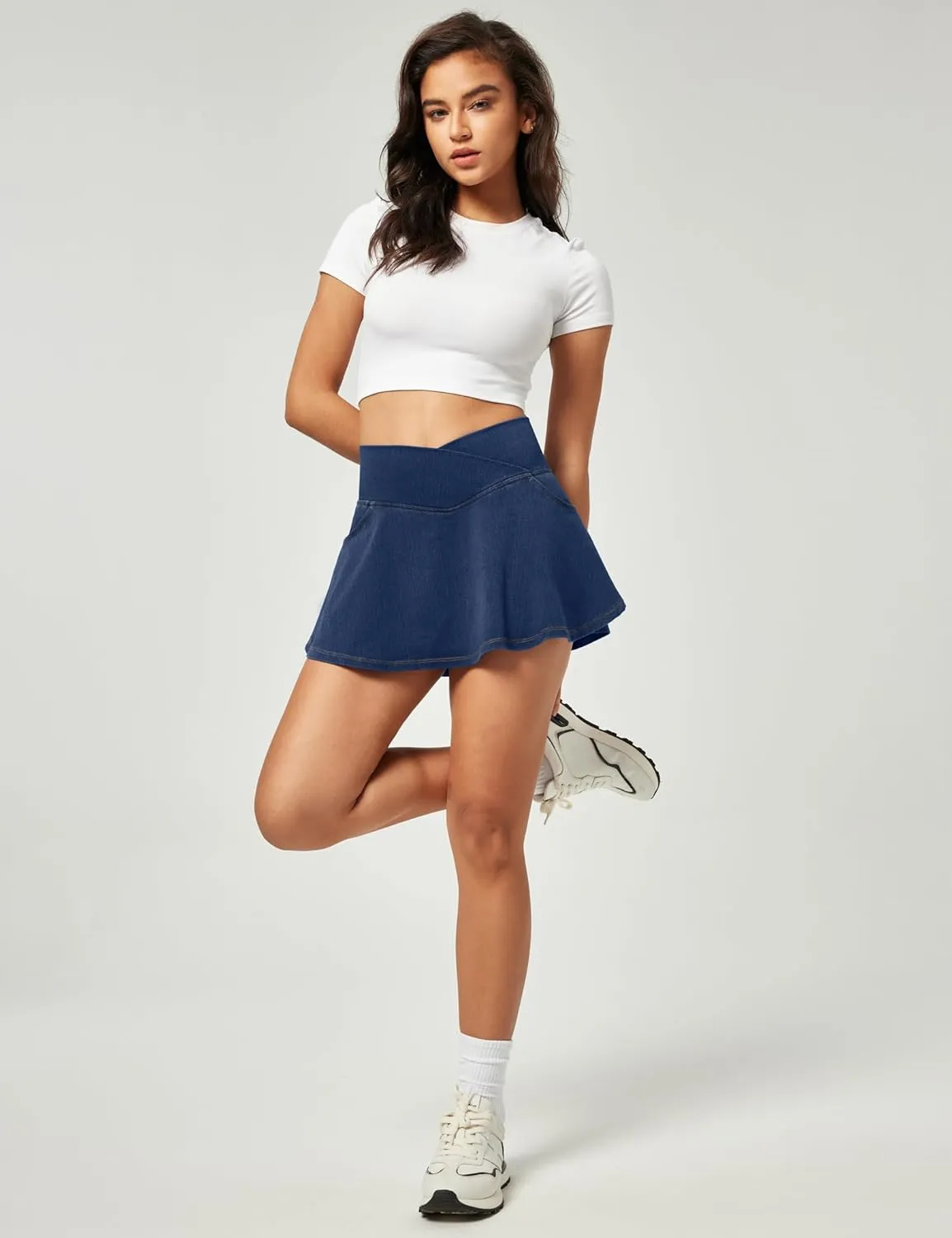 IUGA Stretchy Denim Skort V-Waist Jean Skort with Pockets High Waisted Mini Jean Skirt with Shorts Underneath