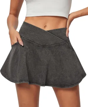 IUGA Stretchy Denim Skort V-Waist Jean Skort with Pockets High Waisted Mini Jean Skirt with Shorts Underneath