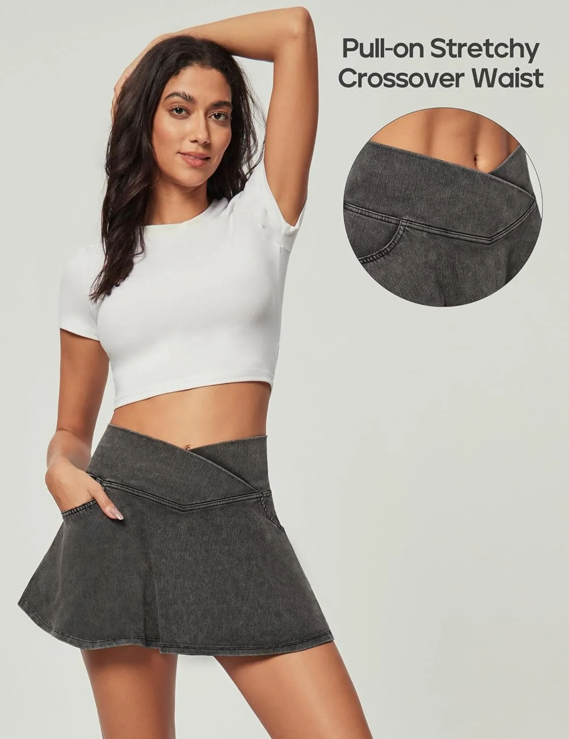 IUGA Stretchy Denim Skort V-Waist Jean Skort with Pockets High Waisted Mini Jean Skirt with Shorts Underneath