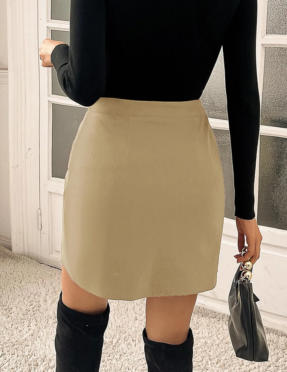 Kate Kasin Women Corduroy Skirt Mini Pencil Skirt Elastic High Waist Skirt with Pockets 2025