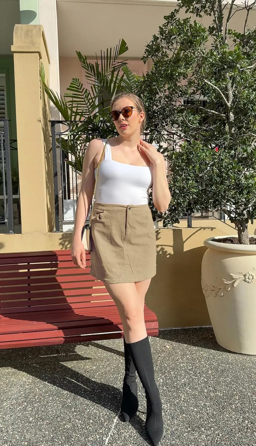 Kate Kasin Women Corduroy Skirt Mini Pencil Skirt Elastic High Waist Skirt with Pockets 2025