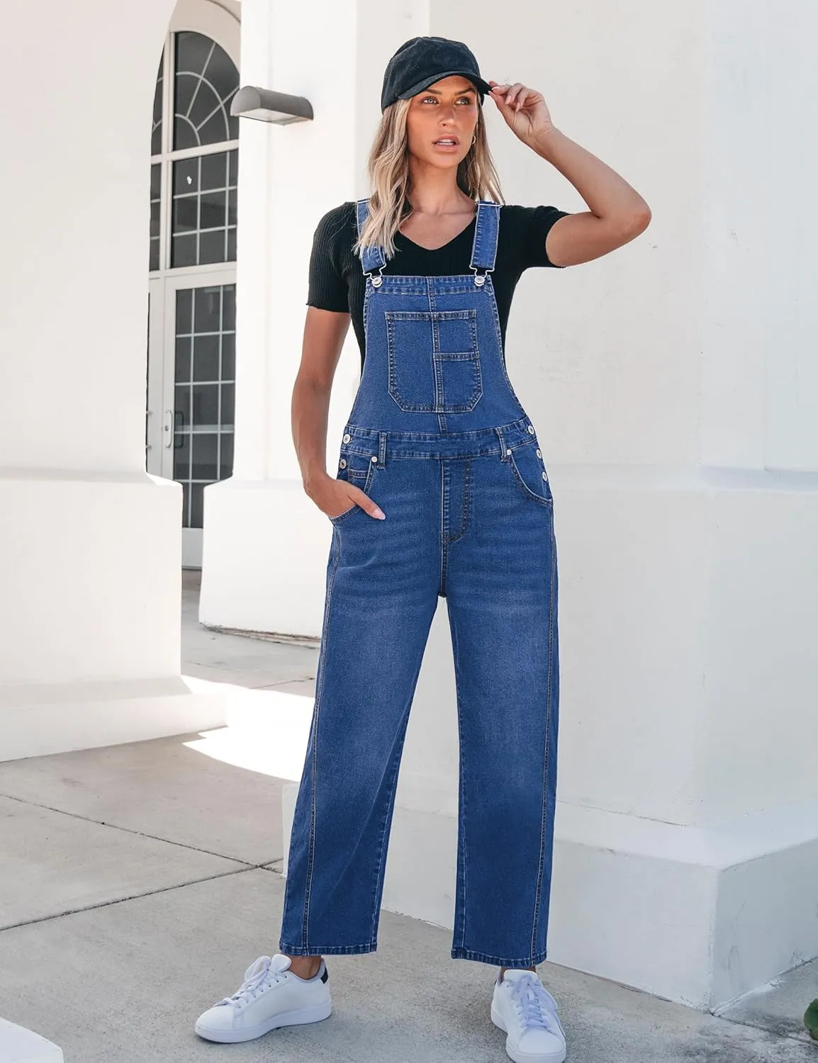 luvamia Barrel Leg Overalls for Women Baggy Bib Stretchy Denim Jumpsuit Loose Fit Jean Overall Jumpsuits with Pockets