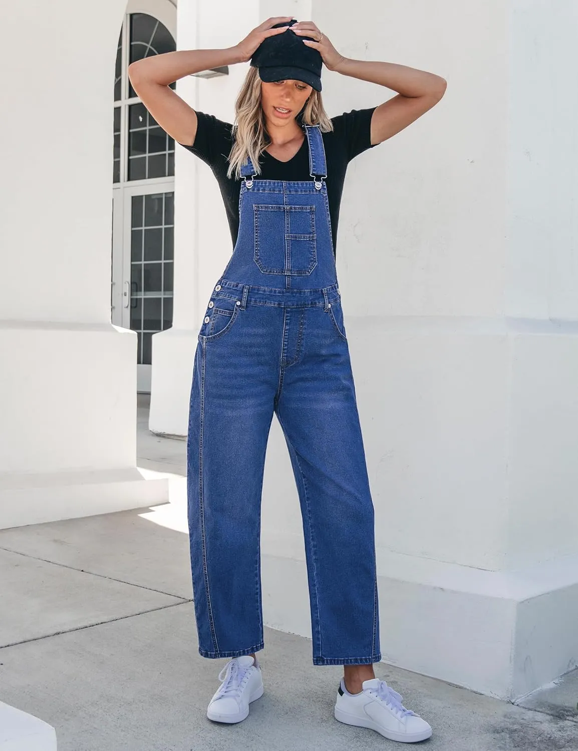 luvamia Barrel Leg Overalls for Women Baggy Bib Stretchy Denim Jumpsuit Loose Fit Jean Overall Jumpsuits with Pockets