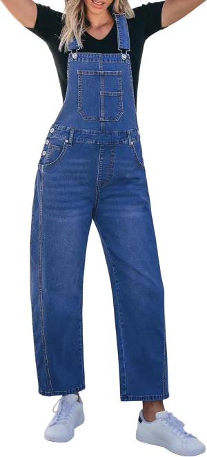 luvamia Barrel Leg Overalls for Women Baggy Bib Stretchy Denim Jumpsuit Loose Fit Jean Overall Jumpsuits with Pockets