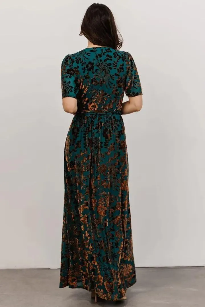 Maxianever Velvet Maxi Dresses for Women Floral Short Sleeve V Neck Long Wedding Guest Gown with Slit