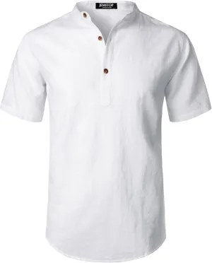 Men's Summer Lightweight Cotton Linen Shirts Casual Short Sleeve Breathable Banded Collar Henley for Beach Vacation