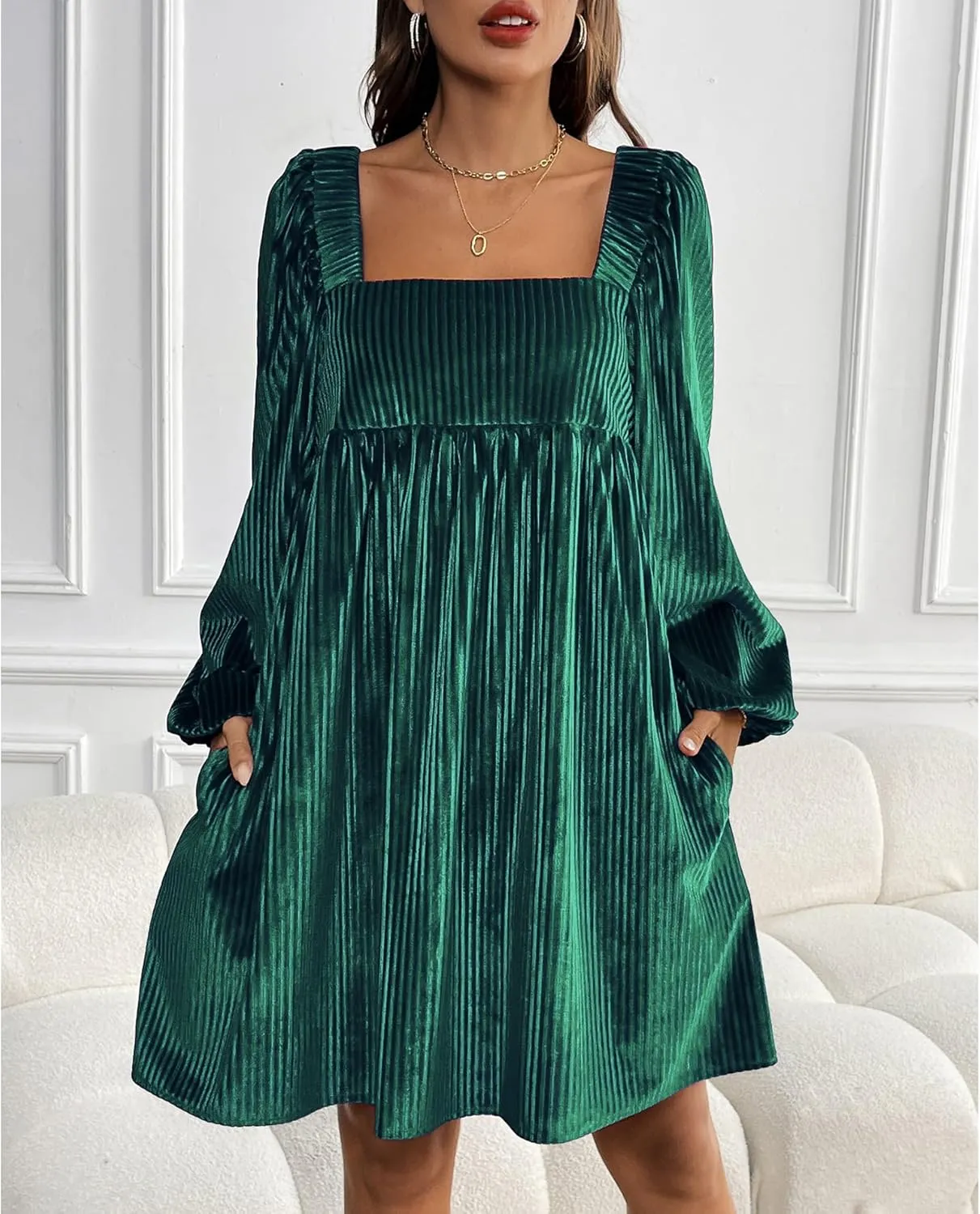 Sexyshine Women's Square Neck Velvet Dress Long Sleeve Tie Back Open Back Ruffle Mini Babydoll Dress