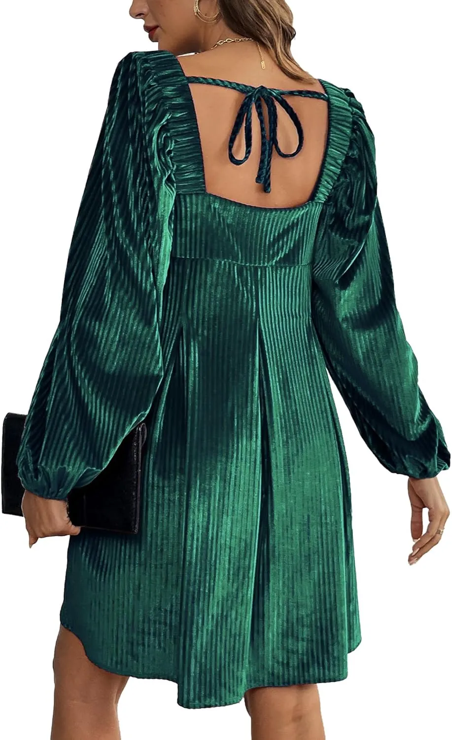 Sexyshine Women's Square Neck Velvet Dress Long Sleeve Tie Back Open Back Ruffle Mini Babydoll Dress