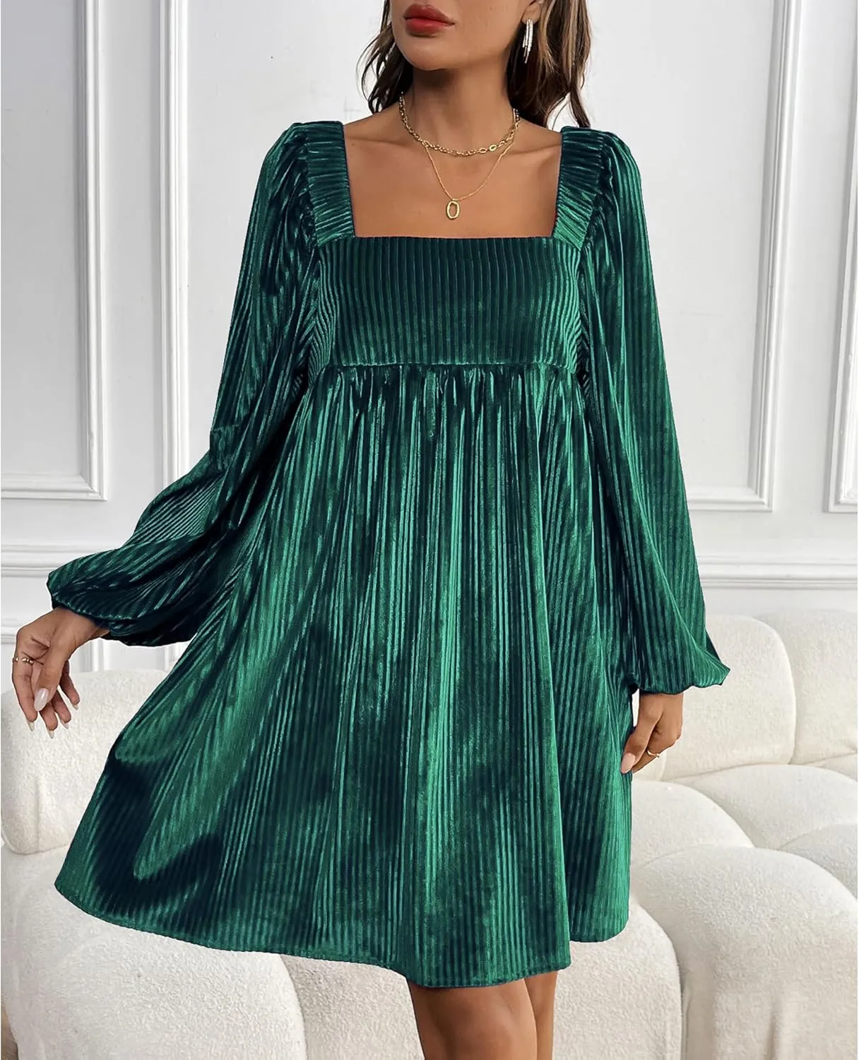 Sexyshine Women's Square Neck Velvet Dress Long Sleeve Tie Back Open Back Ruffle Mini Babydoll Dress