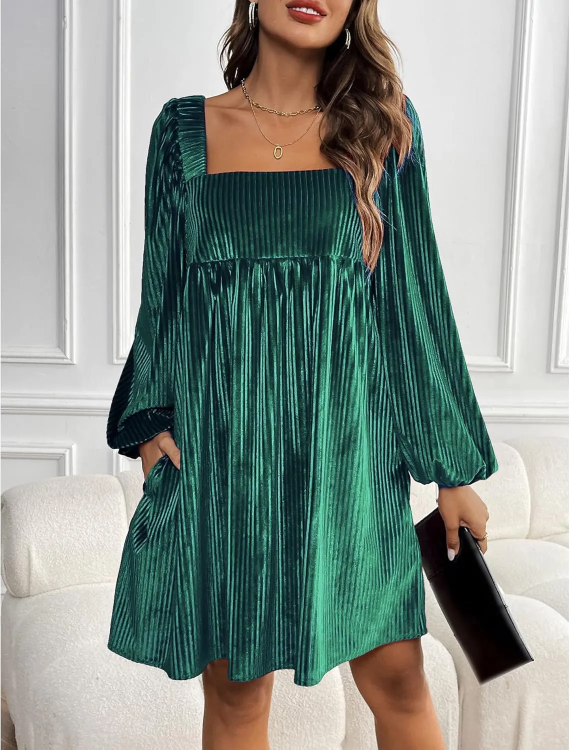 Sexyshine Women's Square Neck Velvet Dress Long Sleeve Tie Back Open Back Ruffle Mini Babydoll Dress