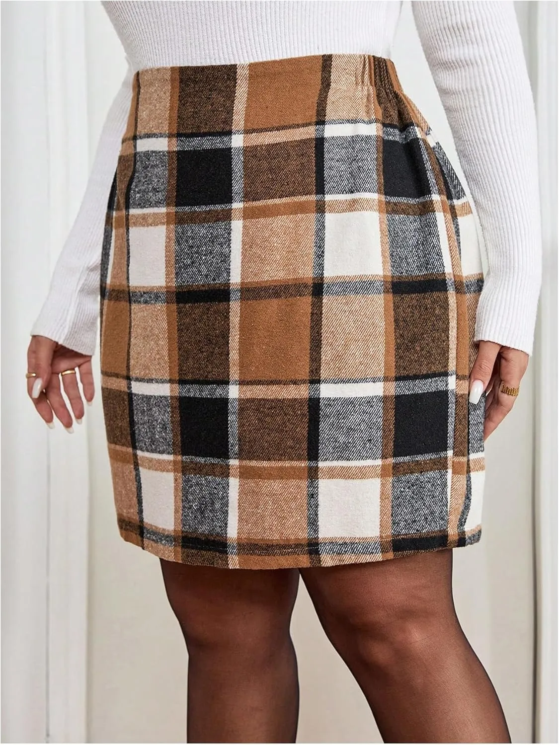 SHENHE Women's Plus Size High Waisted Flannel Elegant Straight Plaid Mini Skirt