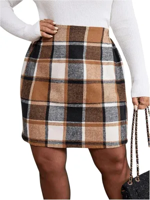 SHENHE Women's Plus Size High Waisted Flannel Elegant Straight Plaid Mini Skirt