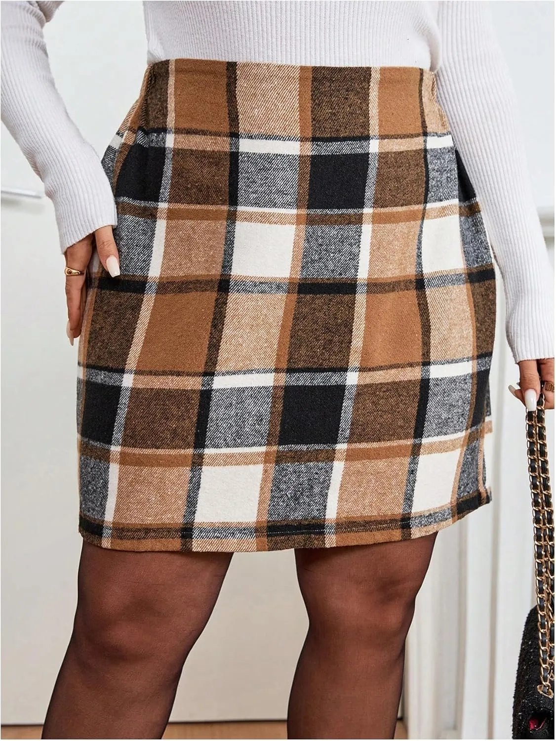 SHENHE Women's Plus Size High Waisted Flannel Elegant Straight Plaid Mini Skirt