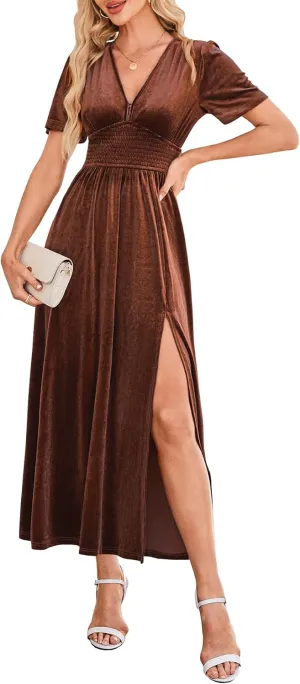 Sissyaki Women's Retro V-Neck Velvet Maxi Dress Wedding Guest Formal Party Long Dresses