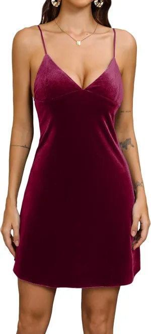 Velvet Spaghetti Straps Relaxed Mini Dress 2024 Women's Sexy V Neck Party Cocktail Club Dress