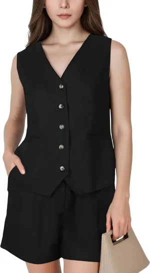 Vest Sets Women 2 Piece Outfits, Sleek Linen Two Piece Set Women, Sleeveless Button Down V Neck Waistcoat with Pockets Shorts
