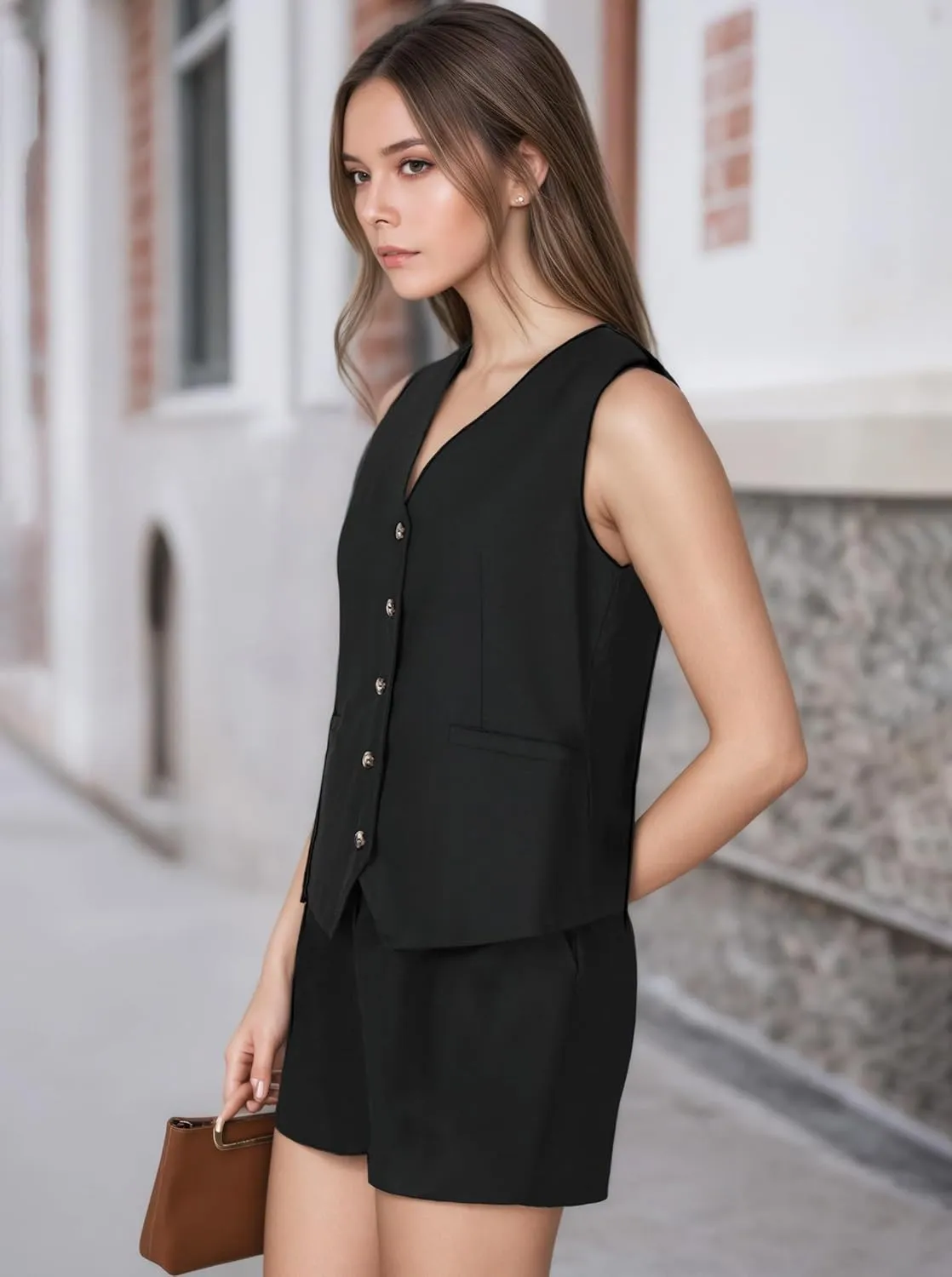 Vest Sets Women 2 Piece Outfits, Sleek Linen Two Piece Set Women, Sleeveless Button Down V Neck Waistcoat with Pockets Shorts