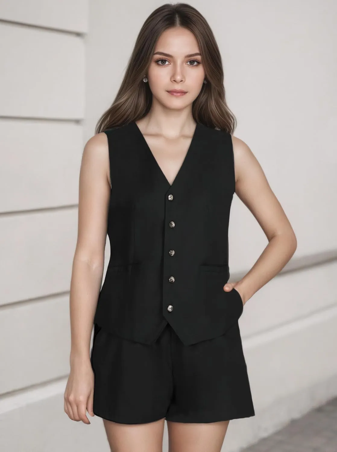 Vest Sets Women 2 Piece Outfits, Sleek Linen Two Piece Set Women, Sleeveless Button Down V Neck Waistcoat with Pockets Shorts