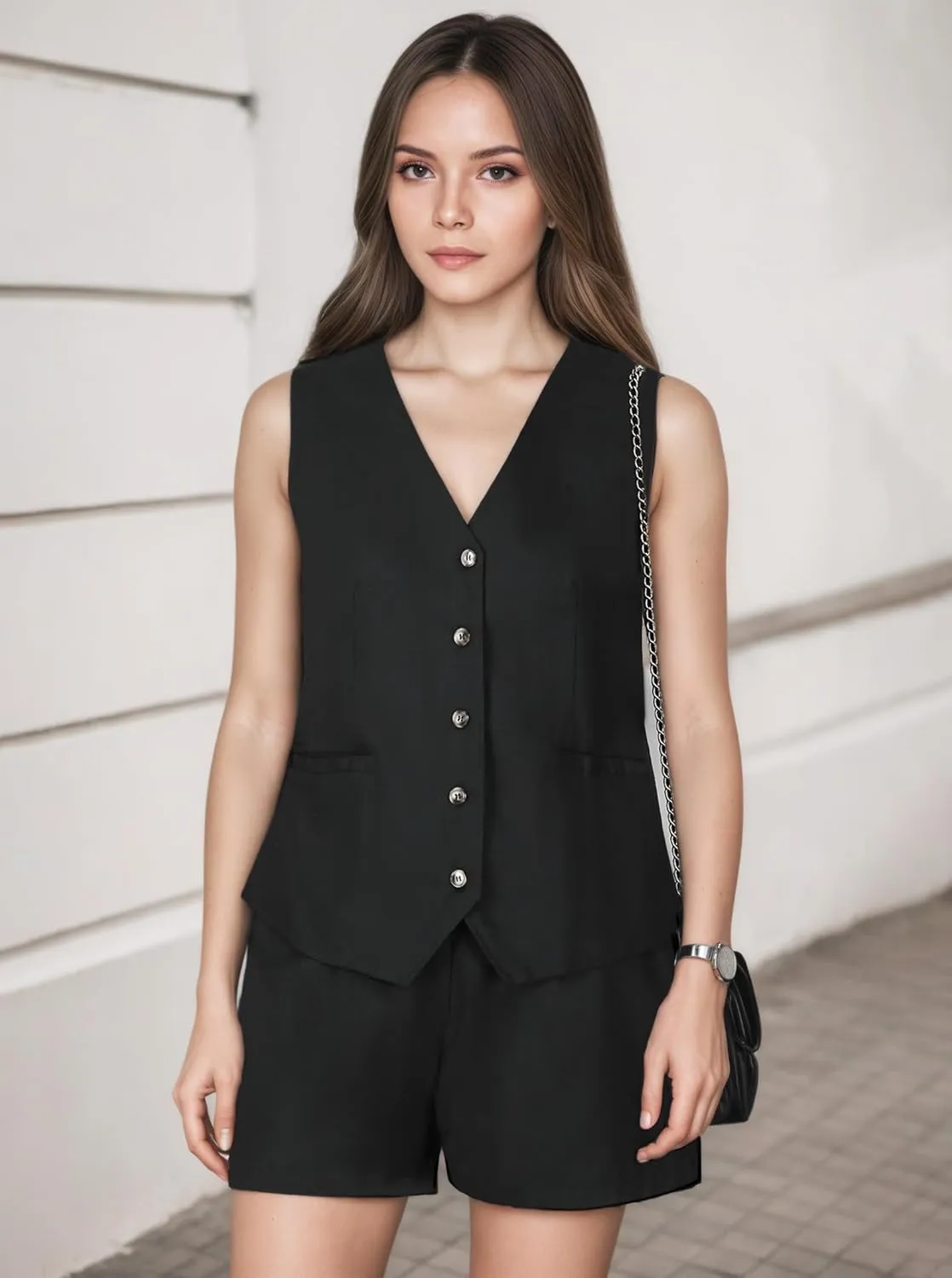 Vest Sets Women 2 Piece Outfits, Sleek Linen Two Piece Set Women, Sleeveless Button Down V Neck Waistcoat with Pockets Shorts
