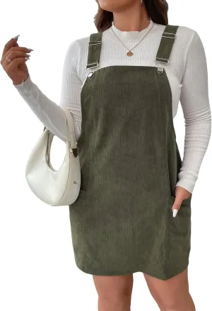 WDIRARA Women's Plus Size Corduroy Sleeveless Short Pinafore Overall Dress with Pocket