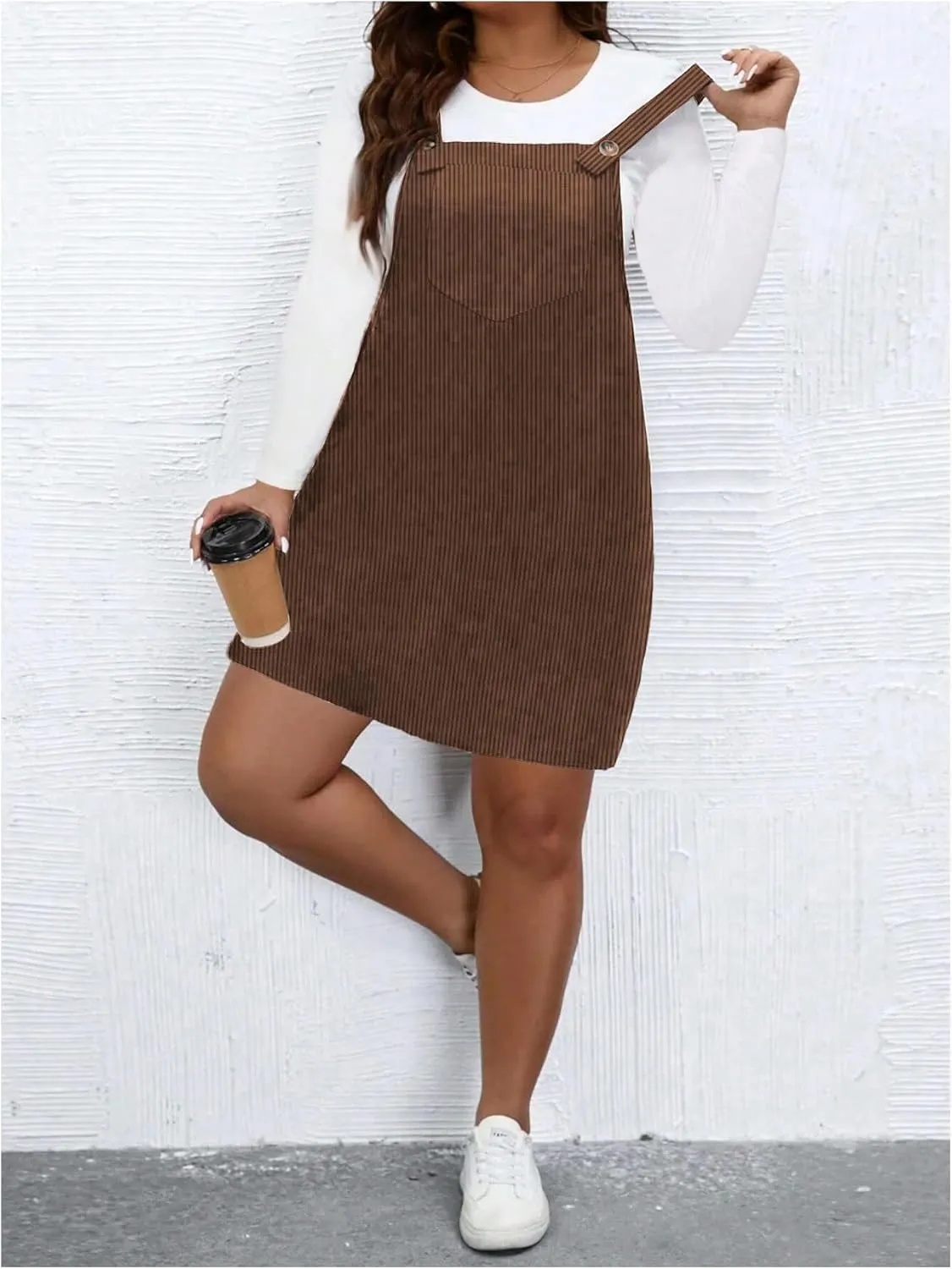 WDIRARA Women's Plus Size Corduroy Sleeveless Short Pinafore Overall Dress with Pocket