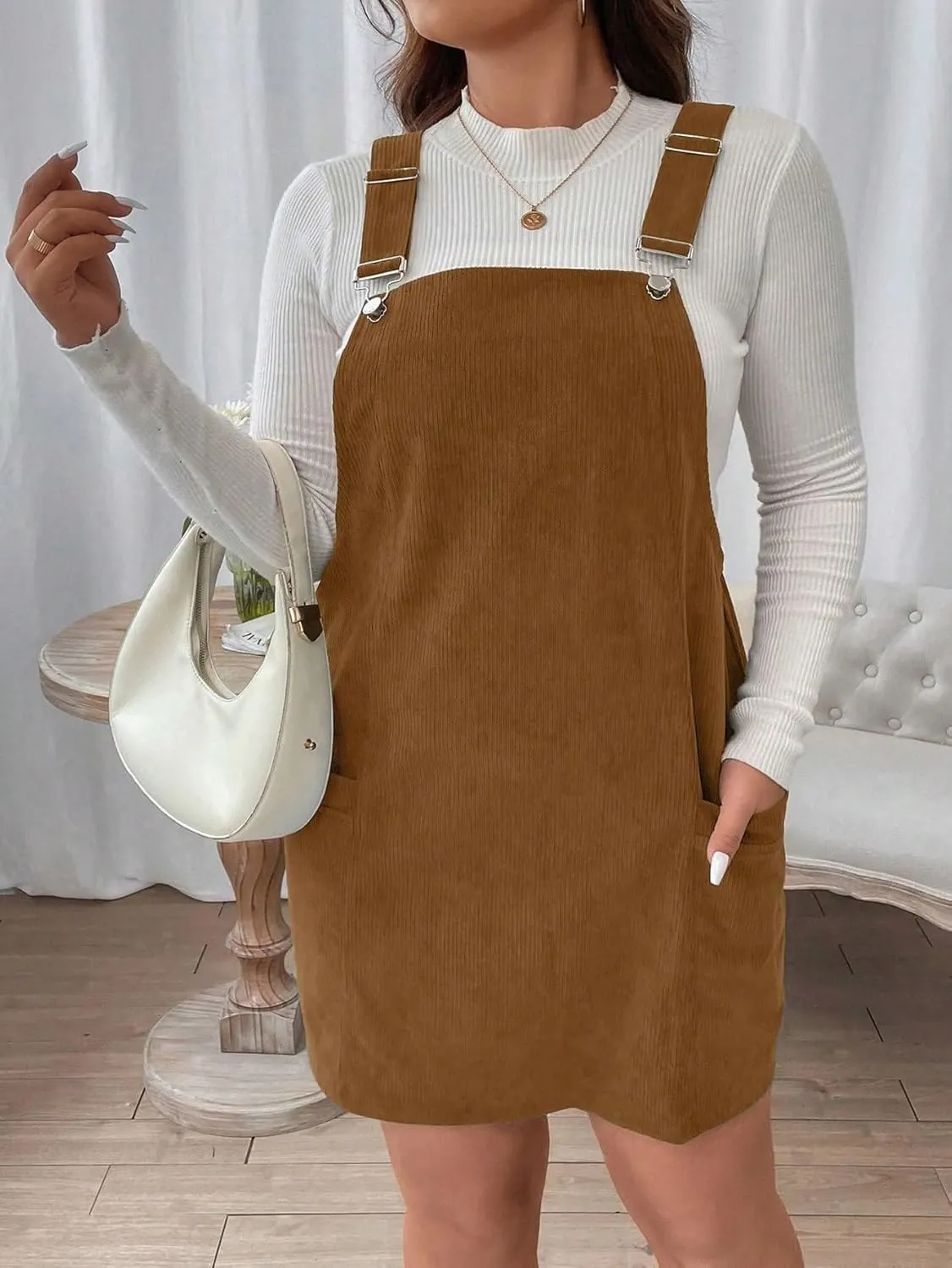 WDIRARA Women's Plus Size Corduroy Sleeveless Short Pinafore Overall Dress with Pocket