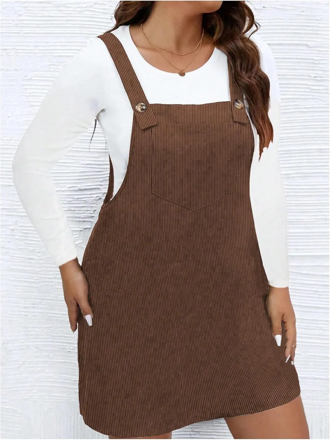WDIRARA Women's Plus Size Corduroy Sleeveless Short Pinafore Overall Dress with Pocket
