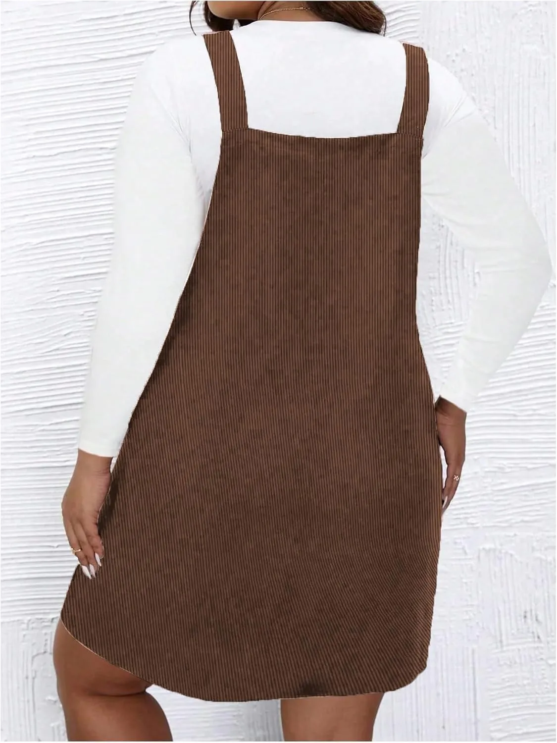 WDIRARA Women's Plus Size Corduroy Sleeveless Short Pinafore Overall Dress with Pocket